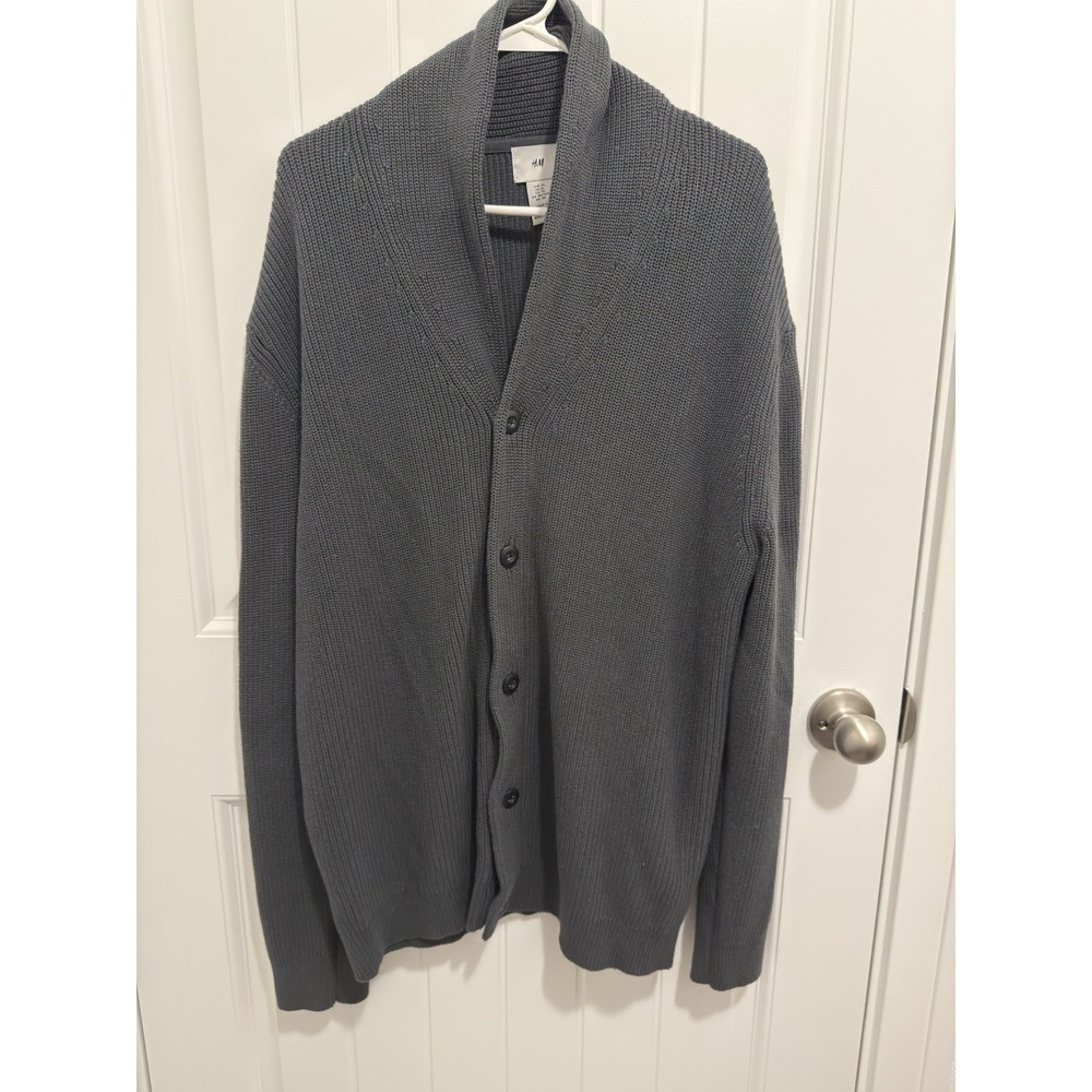 HM Gray Shawl Collar Cardigan Sweater Womens XL Chunky Rib Knit‎ Button Front